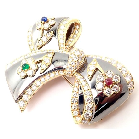 Rare Van Cleef & Arpels 18k Gold Diamond Ruby Emerald Sapphire Flower Pin Brooch - Picture 5 of 11